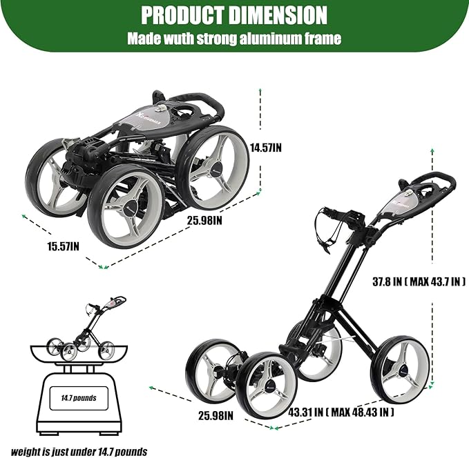 Golf Push Cart Series: 2-Wheel, 3-Wheel, 4-Wheel & 360° Swivel Front Wheel