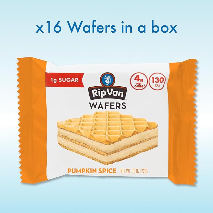 Rip Van Pumpkin Spice Keto Wafer Cookies, Healthy Vegan Snack, Non-GMO, Low Carb, Low Sugar (1g), Low Calorie, 16 Count