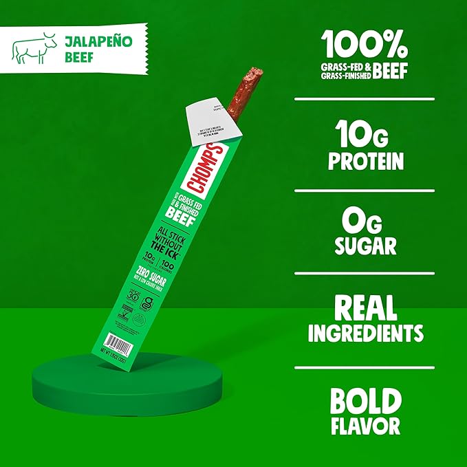 Chomps Grass-Fed and Finished Jalapeño Beef Jerky Snack Sticks 24-Pack - Keto, Paleo, Whole30, 10g Lean Meat Protein, Gluten-Free, Zero Sugar Food, Non-GMO