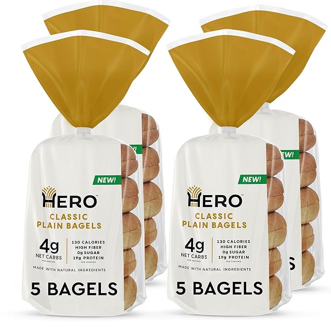 Hero Classic Plain Bagel - 4g Net Carbs, 19g Protein, High Fiber, 130 Calories per serving (20 bagels, 4 packs of 5)