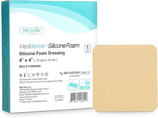 MedVance TM Silicone - Silicone Adhesive Foam Absorbent Dressing, 4"x4", Box of 5 dressings