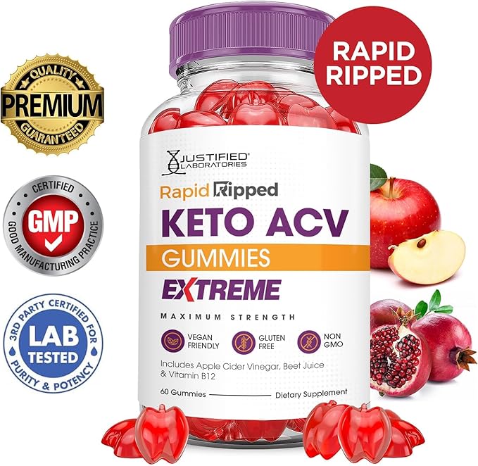 Justified Laboratories (3 Pack Rapid Ripped Keto ACV Gummies Extreme 2000MG Rapidripped Keto Gummies Apple Cider Vinegar Formulated with Pomegranate Beet Juice Powder B12 Vegan Non GMO 180 Gummys