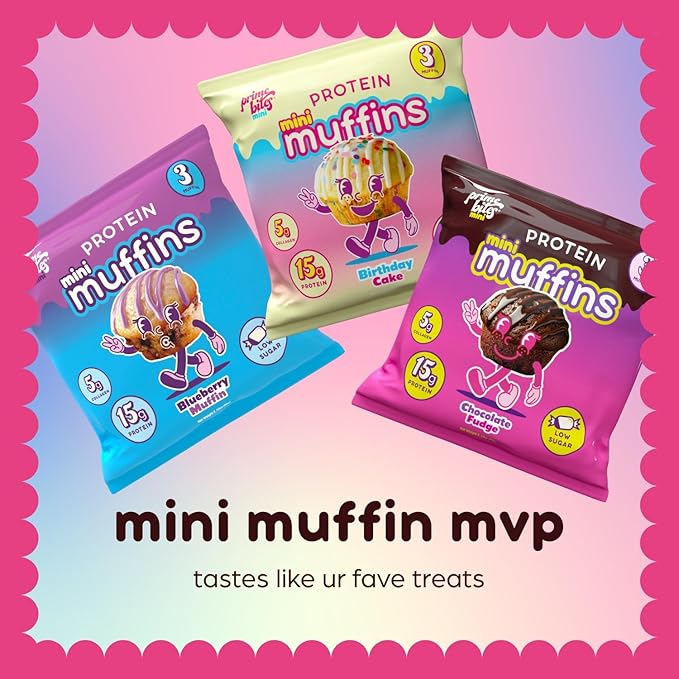 Prime Bites Minis | Protein Mini Muffins from Alpha Prime Supplements | High Protein, Collagen Fortified Low Sugar Treat | Delicious Snack | 12 Packs per Box - Birthday Cake