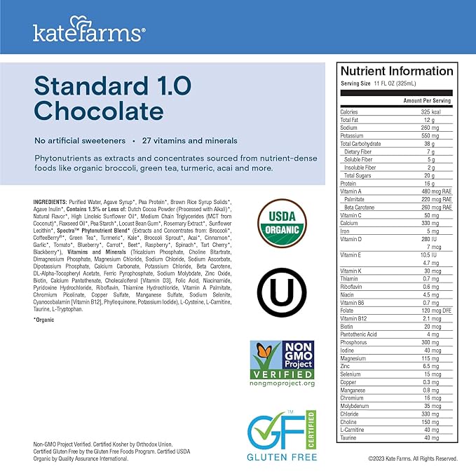 KATE FARMS Organic 1.0 Sole-Source Nutrition Shake, Chocolate, 16g Protein, 27 Vitamins and Minerals, Meal Replacement, Protein Shake, 11 oz (12 Pack)