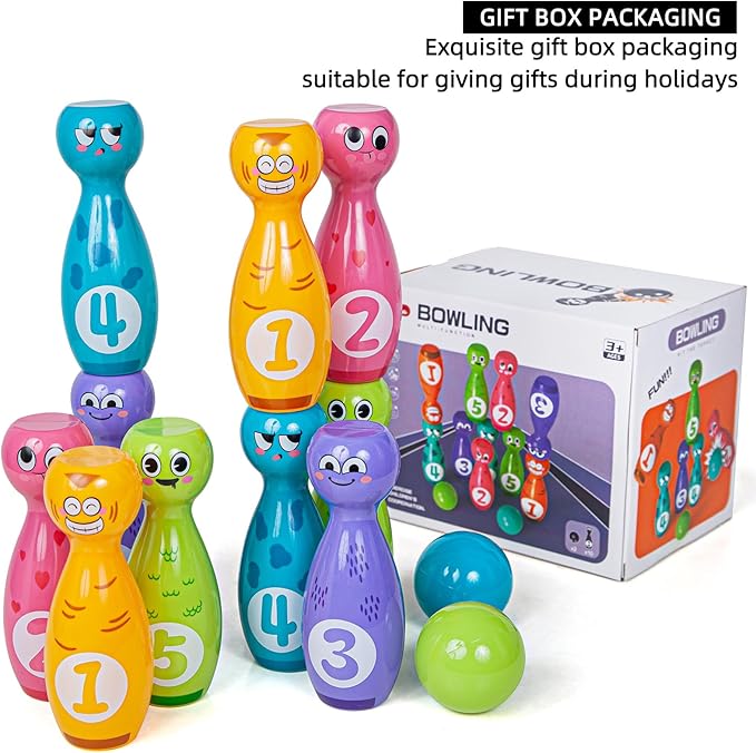 Bowling Set for Kids 2-5,Includes 10 Plastic Pins & 2 Balls, Indoor Activity Games, Birthday Gifts for Boys Girls 5-7,(Color Gift Box Packaging)
