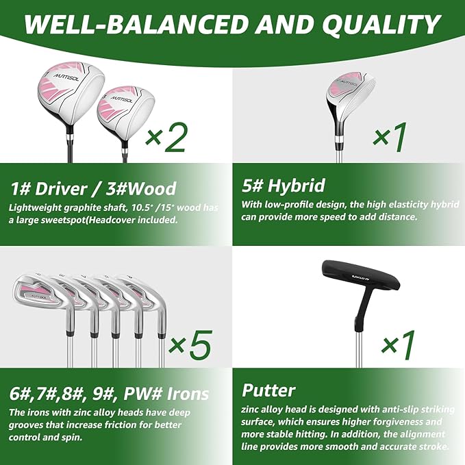 10 Pieces Complete Mens Womens Golf Clubs Set Right Hand for Men Women Includes Stand Bag with Rain Hood, 1#Driver 3#Wood #5 Hybrid,with 3 Head Covers, 6# 7# 8# 9# PW# Irons and Putter