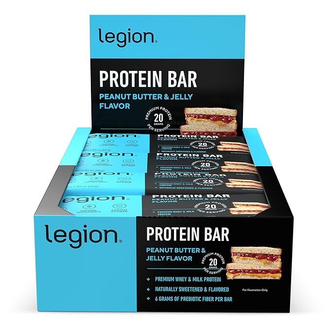 Legion Protein Bar Peanut Butter Jelly - 100% Whey Protein, Soy Free Protein Bars with Prebiotic Fiber - Low Fat Healthy Protein Bar - Gluten Free, Naturally Flavored, Low Sugar Protein Bars (12 Count)