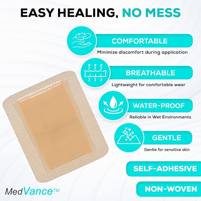 MedVance Silicone Foam Dressing - Waterproof Silicone Pad - Easy Apply & Removable Sterile Bandages - Wound Care & Dressings for Burns & More (6"x8" Bandage, 4.4"x6.4" Wound Pad) (Box of 5)