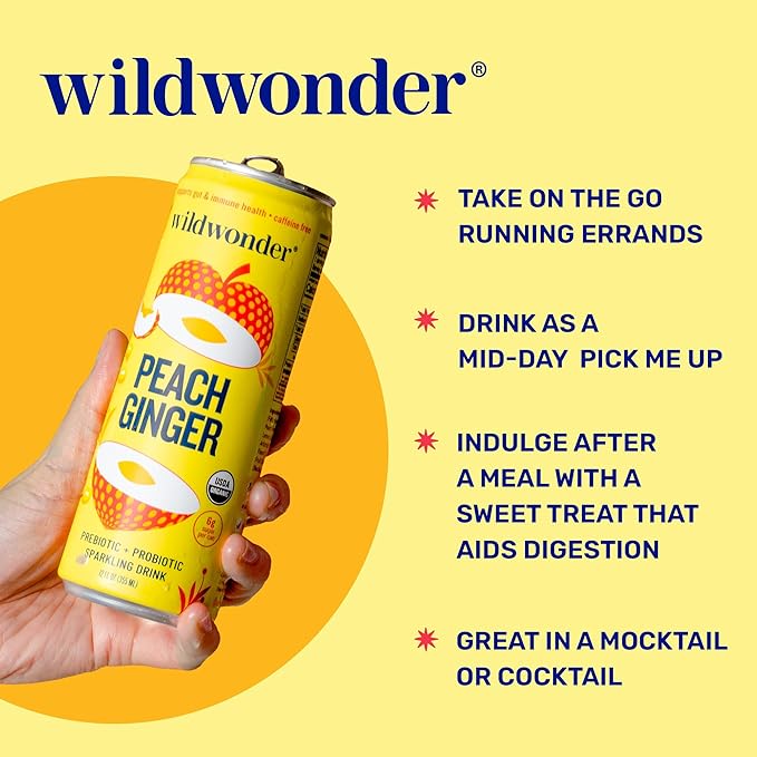 wildwonder Sparkling Probiotic Drink 12pk, For Gut Health & Immune Support, Peach Ginger, 5g Prebiotic Fiber, Live Probiotics, Organic, Vegan, Low Sugar, 12 Pack, 12oz Can, As Seen on Shark Tank