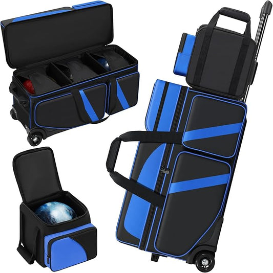4 Ball Bowling Bag with Wheels, Bowling Bag 4 Ball Roller with Multi-pocket & Shoe Compartment & Retractable Handle, 3 Ball Roller Bag + 1 Ball Color Matching Add On Tote