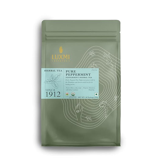 Luxmi Estates Purely Peppermint 50 Tea Bags (100g) Pack | USDA Certified Organic Herbal Tea | Mint Tea Best for Night Time | 50 Cups Bulk Pack
