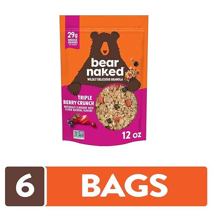 Bear Naked Granola Cereal, Vegan, Breakfast Snacks, Triple Berry Crunch (6 Bags)