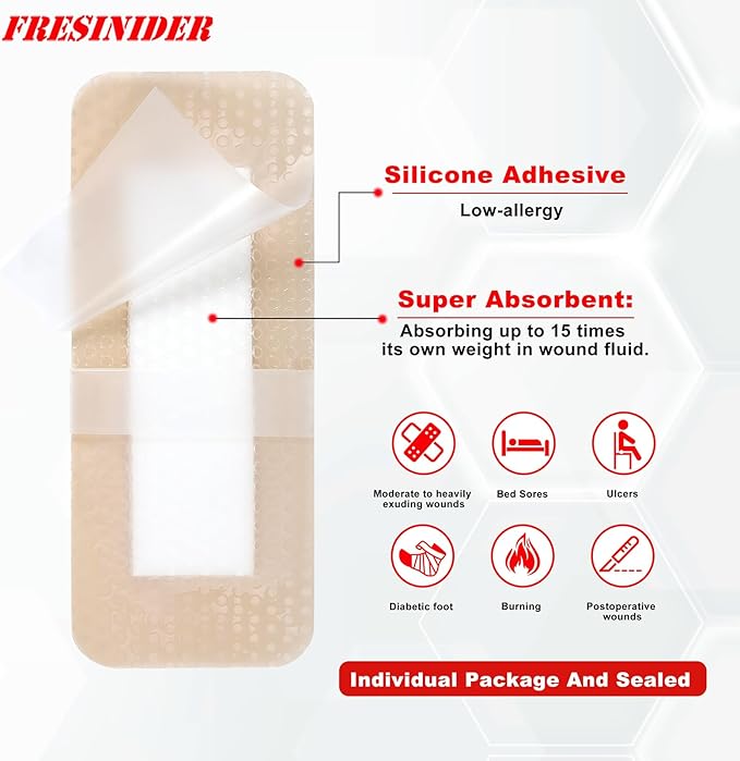 2" x 5" Pack of 10 Silicone Foam Wound Dressing - Waterproof Adhesive Bandages with Bordered - Super Absorbent & Breathable for Optimal Wound Care