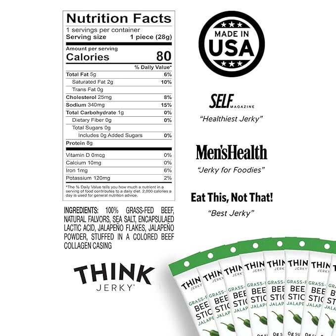 Think Jerky, Jalapeno Grass-Fed Beef Sticks, Master Case,1 Ounce (10 packs of 5) Sugar Free, Gluten Free, No Nitrates, Keto Friendly, Paleo, High Protein, Low Carb