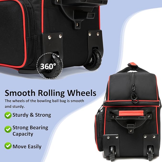 Bowling Bag with Wheels Double Roller 2 Ball Bowling Separate Shoe Compartment and Oversized Accessory Pocket, 36.6" Extendable Handle.