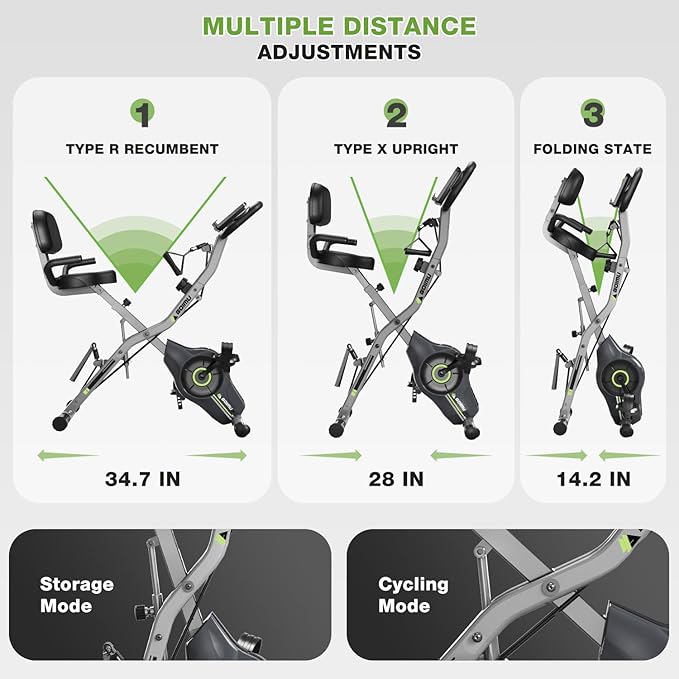 Exercise Bike, 5 in 1 Foldable Stationary Bike for Seniors, 16-Level Adjustable Magentic Resistance, Indoor Recumbent Bike with 330LB Capacity, Comfortable Seat Backrest