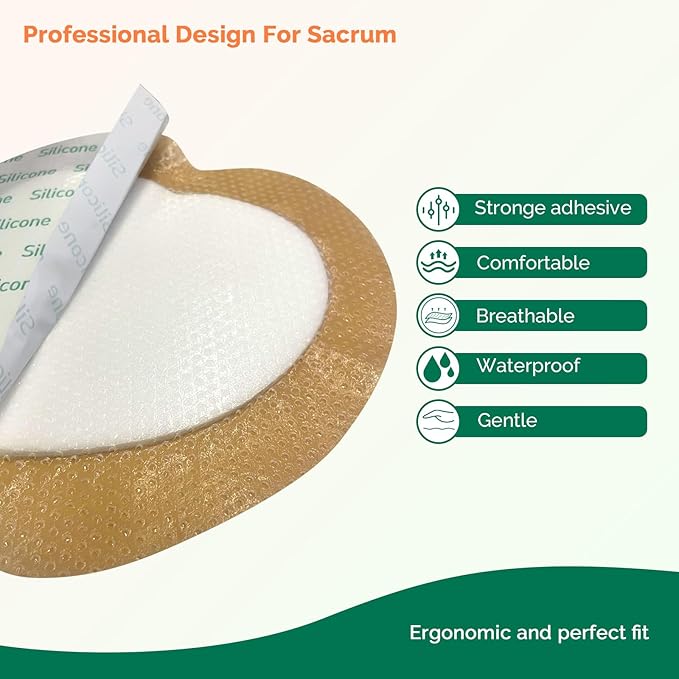 Sacrum Foam Dressing with Border - Silicone Adhesive 6"x7" Waterproof Sacral Wound Dressing - High Absorbent Pads Breathable Bed Sore Pressure Wound Care Bandages 10 Packs