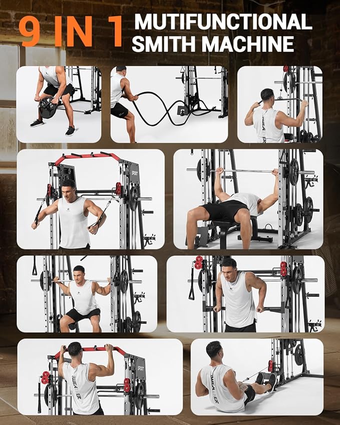 Smith Machine Home Gym, 2200 LBS All in One Squat Rack Power Cage with Smith Bar, Cable Crossover System & LAT-Pull Down System, Training Equipment