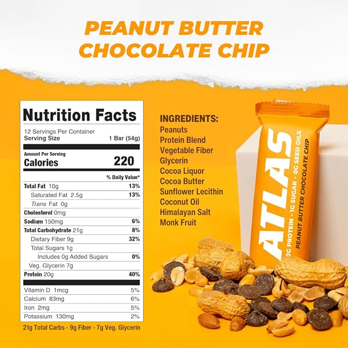 Atlas Protein Bar – 20g Clean Protein, 1g Natural Sugar, No Seed Oils, Gluten Free, No Artificial Sweeteners, Peanut Butter Chocolate Chip, 12 Count