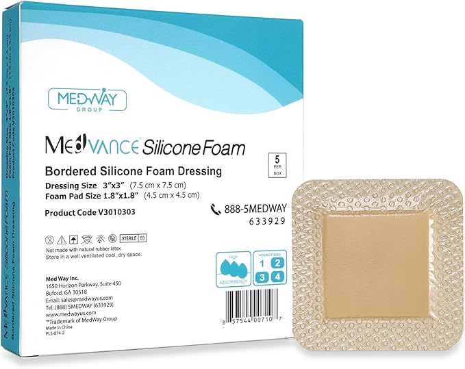 MedVanceTM Silicone - Bordered Silicone Adhesive Foam Dressing, Size 3"x3", (1.8"x1.8" pad), Box of 5 dressings