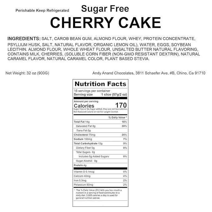 Andy Anand Sugar-Free Cherry Cake 2.9 lbs - Gourmet, Freshly Made, All-Natural Ingredients, No Preservatives, Diabetic-Friendly, Gourmet Gift Boxed Delight