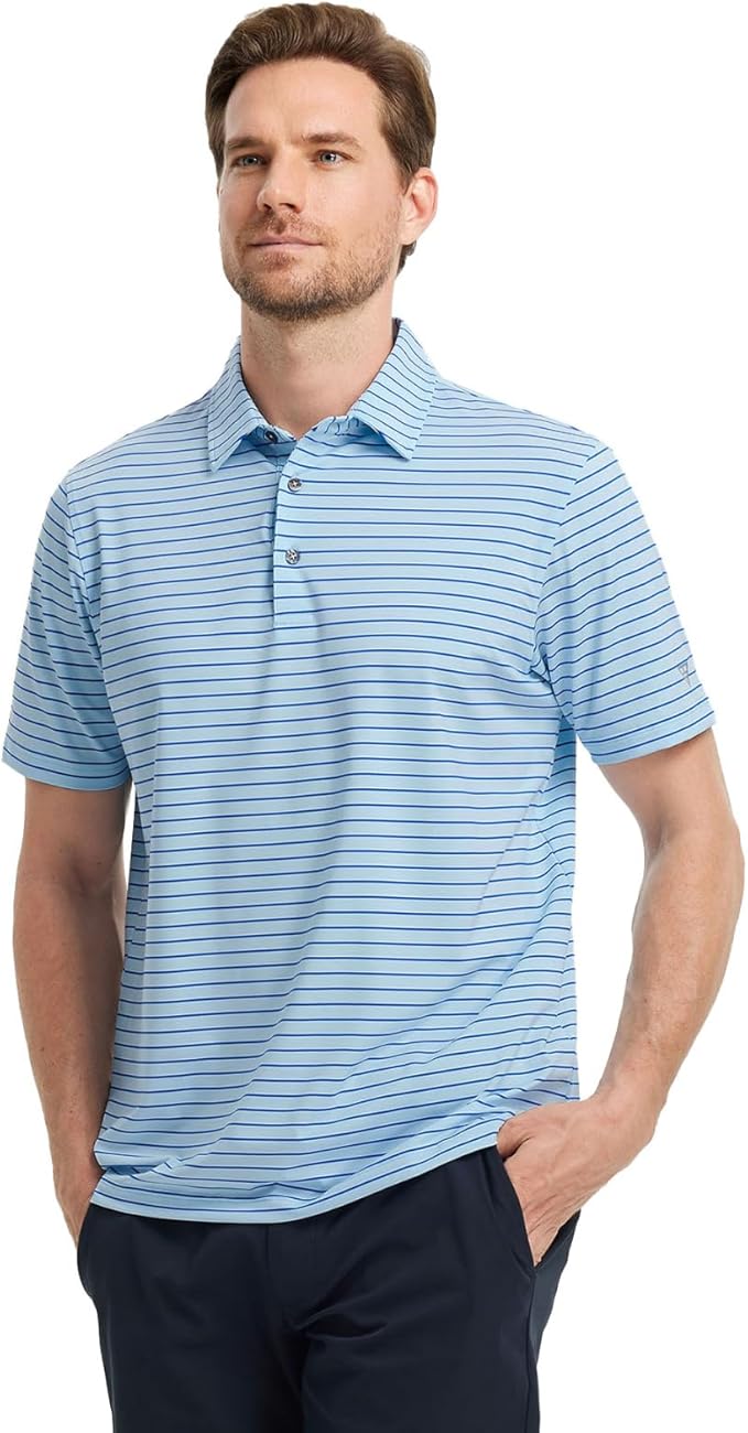 M MAELREG Golf Shirts for Men Moisture Wicking Striped Polo Performance Dry Fit Business Sports Mens Polo Shirts Short Sleeve