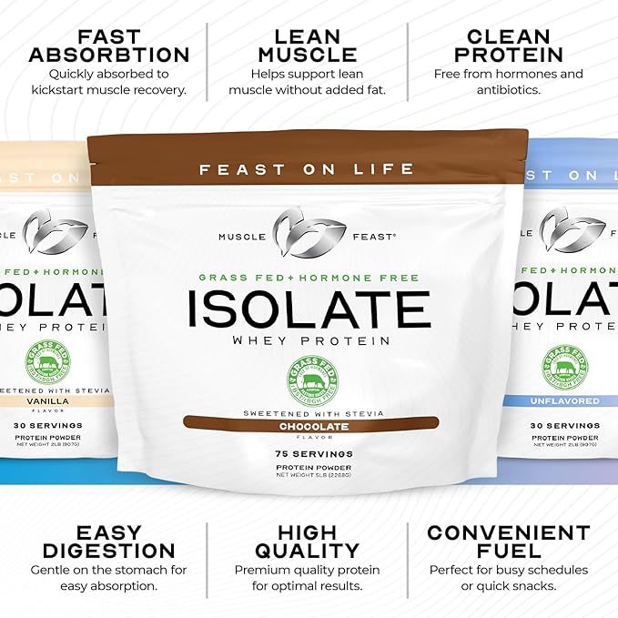 Muscle Feast Grass-Fed Whey Protein Isolate, All Natural Hormone Free Pasture Raised, Whey Isolate Protein Powder for Men and Women, Clean, Non-GMO & Gluten-Free, Isolate Protein - Unflavored, 1lb