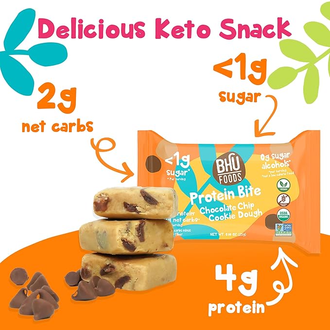 Bhu Foods Keto Bites, Chocolate Chip Cookie Dough, Organic Snacks for Adults & Kids, Gluten Free, Vegan, Low Carb & Sugar, Individually Wrapped (2 Pack)
