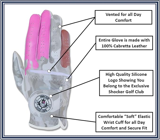 Shocker Camo Golf Glove Men's - Premium Cabretta100% Leather, Durable Grip, White and Camo, Adult Men's Golf Gloves, Funny Gag Gift, Left & Right Handed, Small to XXL Sizes