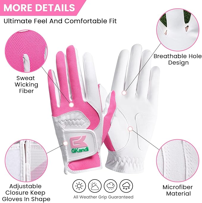 Golf Gloves Women Left Right Handed Golfer Rain Grip Hot Wet All Weather Value 2 Pack, Left Hand Right Pink Womens Golf Glove Breathable Flexible Mesh for Ladies