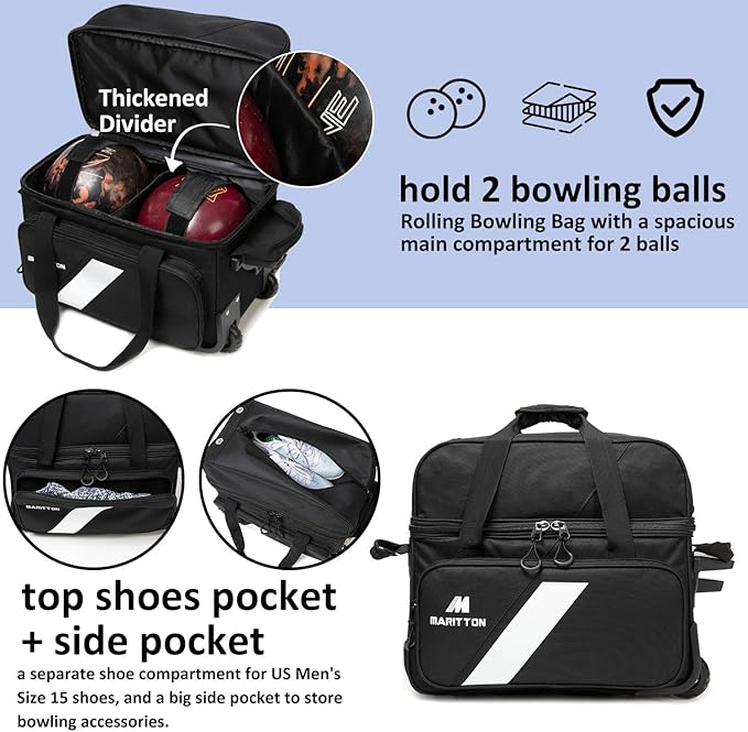Bowling Bag with Wheels Double Roller 2 Ball Bowling Separate Shoe Compartment and Oversized Accessory Pocket, 36.6" Extendable Handle.