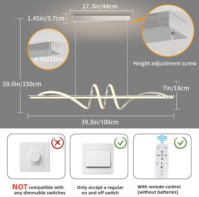 Modern LED Pendent Lights Kitchen Island,3000k-6000K Adjustable Color Dining Room Light Fixture,Dimmable with Remote Control Aluminum for Kitchen, Living, Dining,Bedroom(39in Chrome Silver