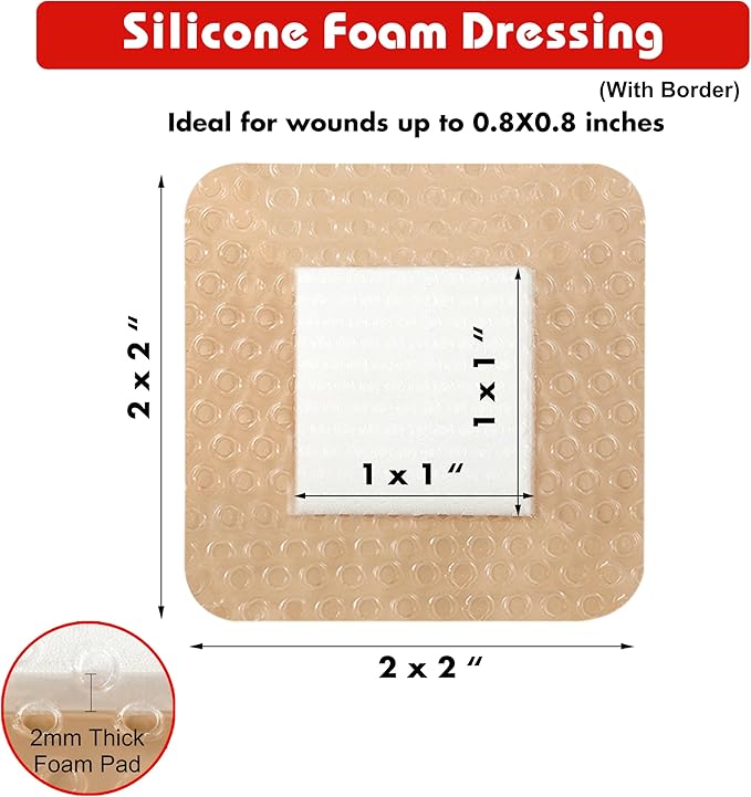 Silicone Foam Dressing with Adhesive Border – Wound Dressing Bandage – Silicone Foam Pad – Pack of 20 – 2 x 2 Inches Large Waterproof Bandages – Self Adhesive Wound Care and Dressings