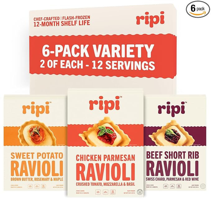 Ripi Frozen Ravioli – Frozen Pasta Meals – Chicken Parmesan, Braised Short Rib, Sweet Potato – Ready in Under 5 Minutes, 9oz Packs (6 Pack, Variety)