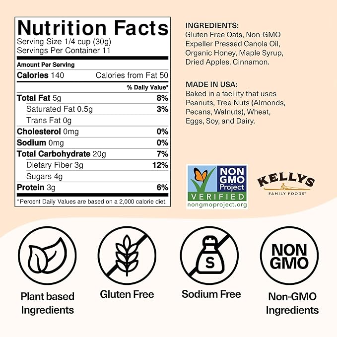 Kelly's Four Plus (Apple Cinnamon) Granola Cereal with Whole Grain Oats, Honey, Maple Syrup - Non-GMO, Low Sugar, Sodium Free and Gluten Free Granola for Yogurt - 12oz