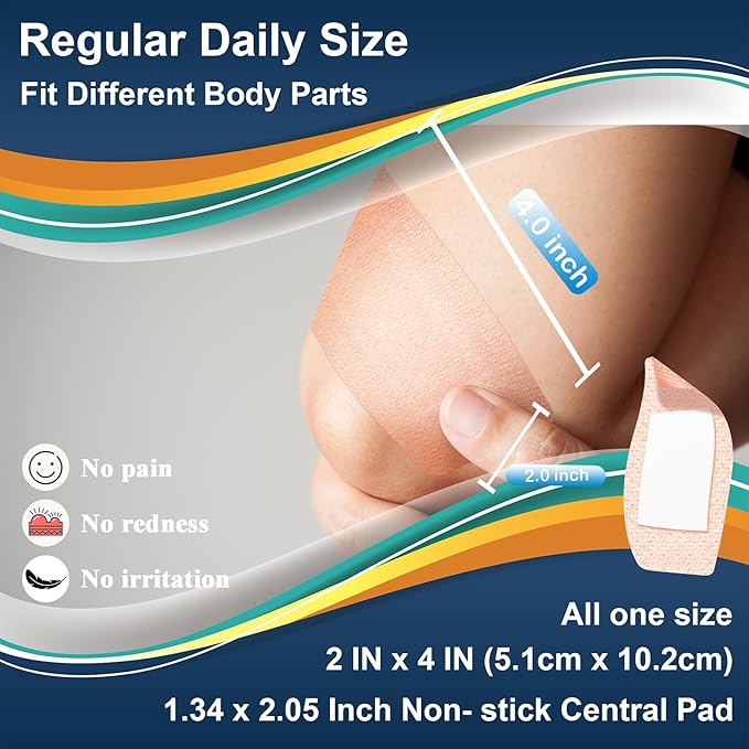Silicone Adhesive Bandages Large Sizes for Sensitive Fragile Skin 2"x4" 20 Count Flexible Fabric Latex Free Hypoallergenic Breathable XL Bandages for Adhesive Allergy Wounds