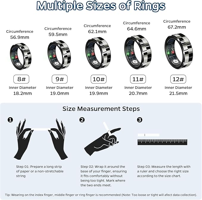 Smart Ring Health Tracker, Sleep Tracker Ring with Heart Rate, Waterproof Fitness Ring for Activity Monitoring/Steps/Distance/Calories,Air Gestures,Up to 7-Day Battery,for iOS Android(Stylish Black#9)