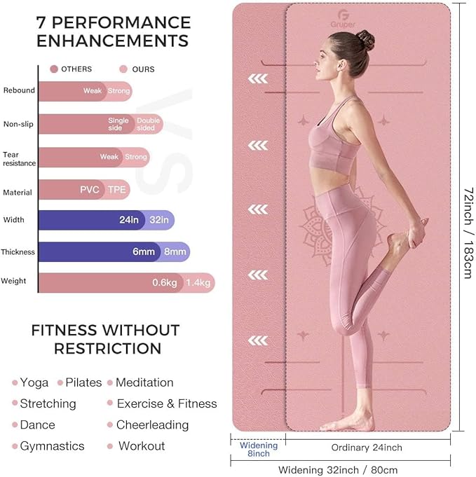 Yoga Mat Non Slip TPE Thick Yoga Mat with Alignment Mark, Large Size 72"L x 32"W x 0.32"Th or 0.24"Th, Anti-Tear Exercise & Fitness Mat for Yoga, Pilates & Floor Workouts