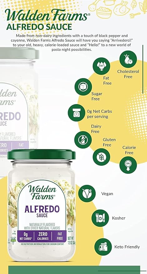 Walden Farms Alfredo Sauce – Zero Calorie, Sugar Free, Keto & No Carb Creamy Italian-Style Pasta Sauce – 6-Pack, 12 oz Bottles