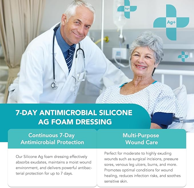 Silicone Foam Dressing Ag Sterile Wound Bandage with Waterproof Gentle Silicone Adhesive Border, 7"x7" Breathable Ultra Absorbent Pads (7.08x7.08 Inch (Pack of 10))
