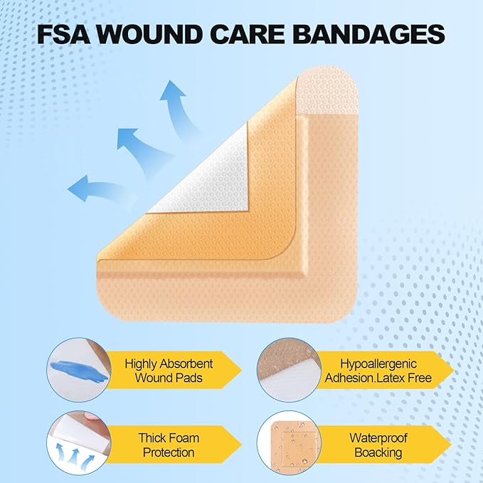 Silicone Foam Dressing 5x5 inch - Large Bandages for Wounds (10Pcs), Waterproof, Absorbent, Bed Sore Bandages Wound Care Dressing