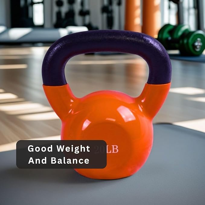 BESEA Orange Vinyl Coated Kettlebell 20~45LBS, Wide Grip Handle, Stable Flat Base, Strength Training, Durable kettle bells