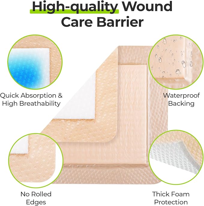 AUVON Silicone Foam Dressing with Large Adhesive Border, 6" x 6" Waterproof Wound Care Pads with High Absorbency, Silicone Wound Bandage for Pressure Ulcer, 3 Packs, FSA/HSA Eligible