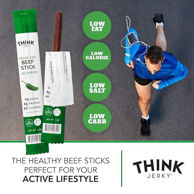 Think Jerky, Jalapeno Grass-Fed Beef Sticks, Master Case,1 Ounce (10 packs of 5) Sugar Free, Gluten Free, No Nitrates, Keto Friendly, Paleo, High Protein, Low Carb