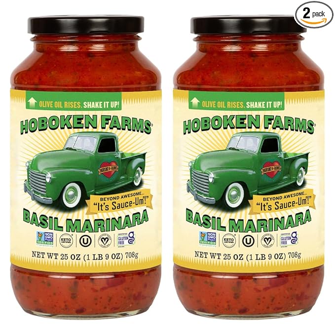 Hoboken Farms Basil Marinara Sauce – No Sugar Added, Low Sodium, Non-GMO, Preservative-Free, Low Carb, Keto – Better For You Pasta Sauce! (25 Fl Oz, Pack of 2)