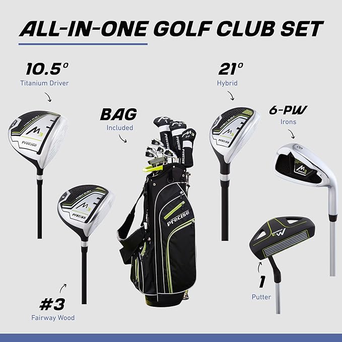 Precise M3 Men's Complete Golf Club Set, Includes Driver, Fairway, Hybrid, 6-PW, Putter, Stand Bag, 3 H/C's, Men’s Golf Clubs Full Set Right Handed, Regular, Petite or Tall Size
