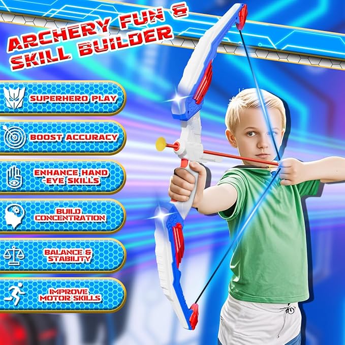 Kids Bow and Arrow Set, LED Light Up Archery Toy Set with 10 Suction Cup Arrows, 2 Target & Quiver, Indoor and Outdoor Toys Sport Gifts for Kids, Boys & Girls Ages 5 6 7 8 9 10 11 12