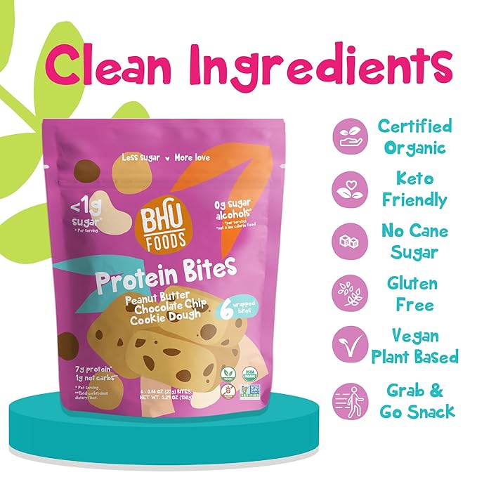 Bhu Foods Keto Bites, Peanut Butter Chocolate Chip Cookie Dough, Organic Keto Snacks for Adults & Kids, Gluten Free, Vegan, Low Carb & Sugar, Individually Wrapped (1 Pack)