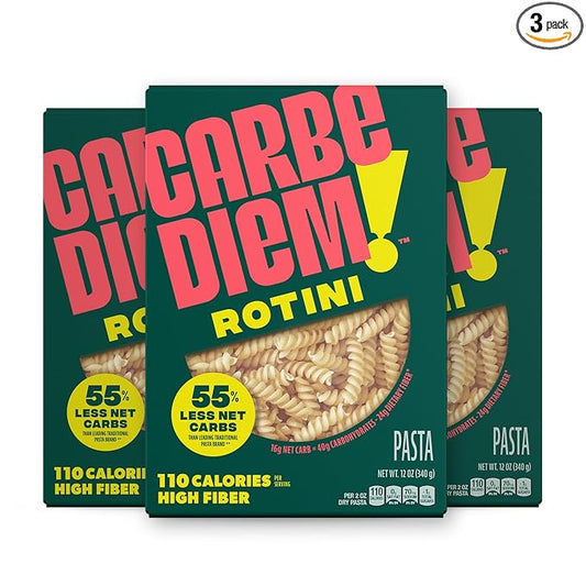 Carbe Diem!, Rotini, Lower Net Carb Pasta with Traditional Flavor & Texture, 55% Fewer Net Carbs & Only 110 Calories Per Serving, Pack of 3