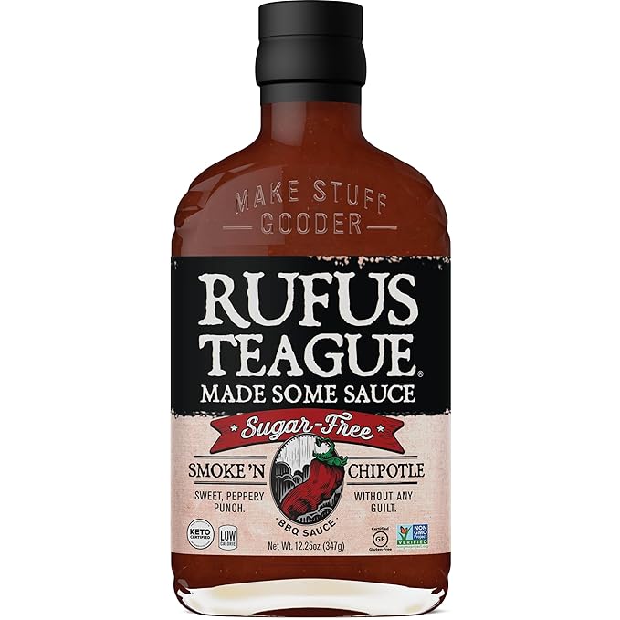 Rufus Teague Sugar-Free BBQ Sauce Smoke 'N Chipotle, Keto Sauce with Stevia, Natural Ingredients, Low Calorie, Award-Winning, Gluten-Free, Kosher, Non-GMO, 12.25 oz